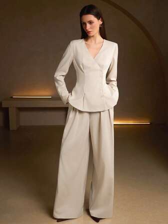 Elegant Women's Cream Two Pieces Outfit With Overlap Collar Button Blazer And Wide Leg Pants Non-Stretch Fabric Spring