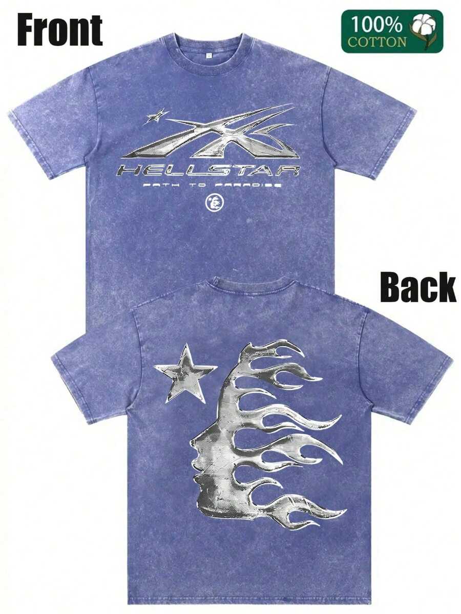 Men's Printed Pattern Washed T-Shirt - Casual Loose Summer T-Shirt With Star And Flame Design, Adult Brown 100% Pure Cotton Round Neck Shirt, Breathable T-Shirt | Avant-Garde Casual Wear | 100% Pure Cotton Printed T-Shirt - 寶藍色 - 查看 1