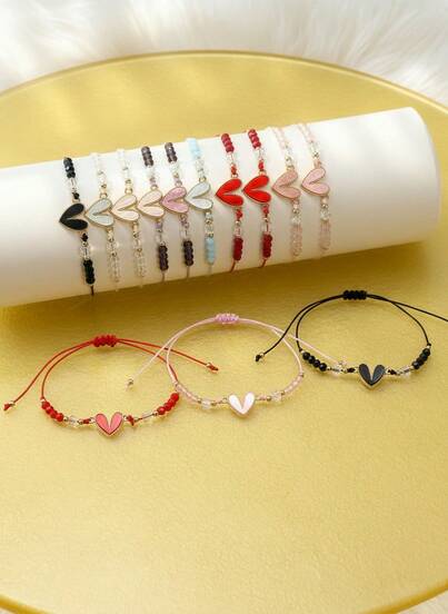Joivida 手工编织心形手链，适合女士送礼。可购买单色。女士手链套装，时尚配饰，适合母亲节、父亲节、情人节和感恩节——可爱迷人的手链，适合自己佩戴，或作为礼物送给朋友、女朋友、情侣和母亲。