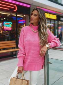 Solid Side Slit Knit Sweater, Casual Long Sleeve Crew Neck Top For Fall & Winter, Women's Plus Size Clothing    Solid Color Stand Neck Pullover Sweater, Elegant Side Split Long Sleeve Knitted Sweater For Fall & Winter, Women's Clothing     Women's Knitted Sweaters Slit Hem Long Sleeve Round Neck Ribbed Loose Fall Pullovers     Ropa De Invierno Mujer     Women's Sweater  Long Sleeve Tops Women - 粉色 - 查看 3