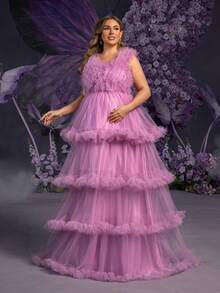 Faeriesty Gaun Pesta Maxi Tanpa Lengan Leher V Ukuran Plus Elegan untuk Ibu Hamil, Desain Berkerut Menambah Pesona Feminin (Lapisan yang Indah), Cocok untuk Pernikahan Musim Semi, Perayaan Hari Ibu - Purple - View 8