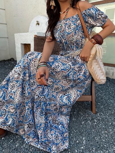 Vestido largo elegante para mujer EARO, con cintura ceñida, estilizador, con estampado floral y hombros descubiertos