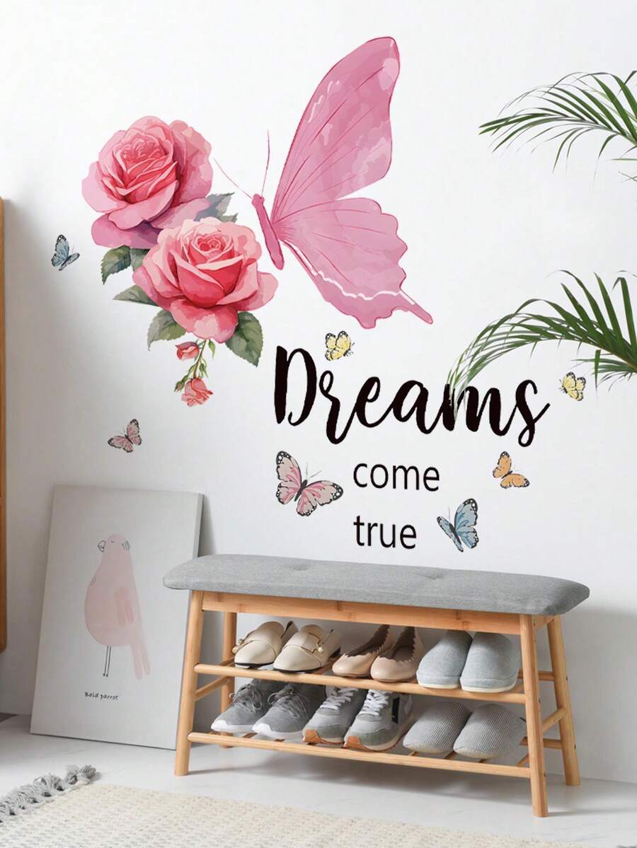 1pc Cute Fairy Butterfly, Butterfly With English Text, Romantic Pink Flower Butterfly, Blue Moon Rabbit Cartoon Wall Sticker, Suitable For Bedroom, Study, Living Room, Dining Room, PVC Self-Adhesive Removable Wall Decal - Multiple Styles - View 1