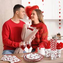 128 Pcs Valentine's Day Partupplies Valentines Day Tableware Set Red Heart Bow Plates And Napkins  Paper Plates Cups Napkins Forks For Galentines Party Wedding, Serves 16 Variant 1 - 沒有任何 - 查看 4
