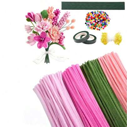 523pcs Handmade Tassel Set, 4 Colors Fluffy Stems In Bulk Packaging, Suitable For Handmade Bouquet And Floral Craft Kits, Creative Gift Includes Stems, Tapes, Pollen, Ribbons, Pompoms, Holiday Handicraft
