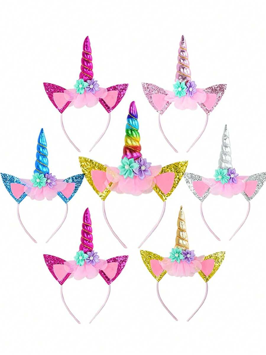 6件套独角兽派对礼品套装，包括独角兽头箍 - 带角头箍的独角兽派对用品，适合生日、万圣节、圣诞节、感恩节派对等场合。 - 彩色 - 查看 1