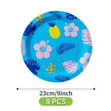 Hawaiian Hibiscus & Pineapple Pattern Disposable Plate, Napkin, Cup Set, Serves 8 Guests, Suitable For Birthday, Wedding, Party, Family Picnic - Multicolor - View 6