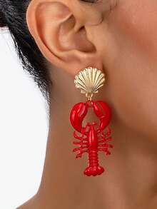 2pcs Ocean Life Series Red Enamel Lobster & Shell Metal Earrings, Women's Dangle Earrings Suitable For Vacation, Outing, Personalized, European And American Style, Unique Earrings - Red - View 3