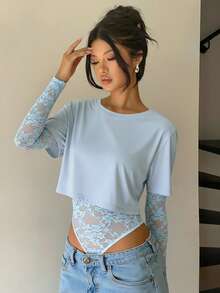1pc Solid Color Knit Fabric 2 In 1 Lace Patchwork Sheer Bodysuit, Sexy For Singles Party & Date - Baby Blue - View 3