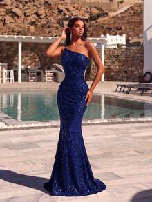ADYCE Đầm maxi nữ thanh lịch, đính sequin, lệch vai, eo cao, hở lưng, thích hợp cho khách dự đám cưới, dạ hội, lễ hội, hẹn hò, tiệc tối trang trọng, tiệc sinh nhật, tiệc lễ hội, họp mặt gia đình và các dịp khác, ngày lễ tình nhân mùa xuân. - Màu xanh hải quân - Xem 5