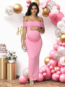 JustVH Maternity Mesh Off Shoulder Elegant Summer Sleeveless Dress For Baby Shower Photoshoot - Baby Pink - View 5