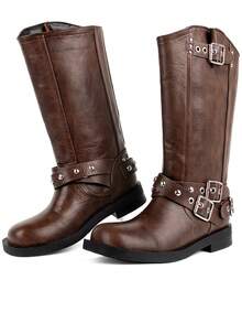 Women's Mid Calf Boots Y2K Rivets Round Toe Chunky Heel Cowboy Boots Vintage Buckle Design Block Heel Boots Women - 棕色 - 查看 9