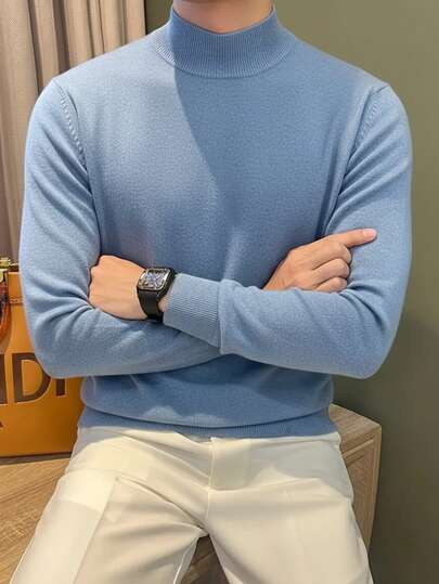Jersey de cuello alto medio para hombres, lavar a mano, unicolor, ropa de punto, jersey básico casual para primavera y otoño