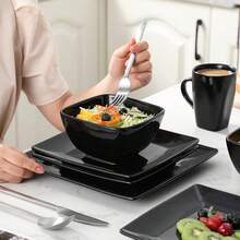 16 Pcs Dinner Set Stoneware Black Plates Bowls Mugs Set Tableware Service For 4 - Black - View 8