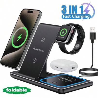 Stazione di ricarica senza fili pieghevole 3 in 1 da 15W con luce LED, compatibile con iPhone 17 16 15 14 13 12 8 X 9 8 7 e