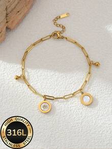 1pc Women's Stainless Steel Delicate Gold Disc Bracelet, 18K Plated, Minimalist Style, Suitable For Summer Vacation And Daily Wear - Gold - View 3