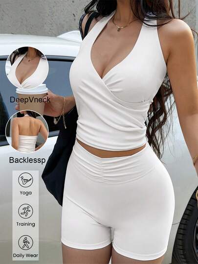 Traje deportivo de dos piezas para mujer Aoqta, de unicolor para primavera y verano, con chaqueta de cuello halter sexy y pantalones cortos ajustados de cintura alta, para deportes al aire libre, yoga, fitness y gimnasio