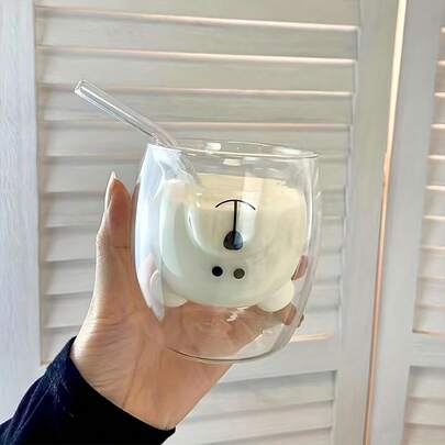 1pc High Borosilicate Glass Double Wall Cup, Colorful Cartoon Bear Design, Home/Office Coffee/Milk Cup, Cute & Beautiful, Anti-Scald