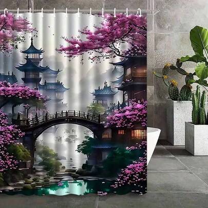 1件复古建筑图案浴帘，带挂钩，高端优雅，多用途浴室装饰，四季皆宜，浴室配件，复古风格