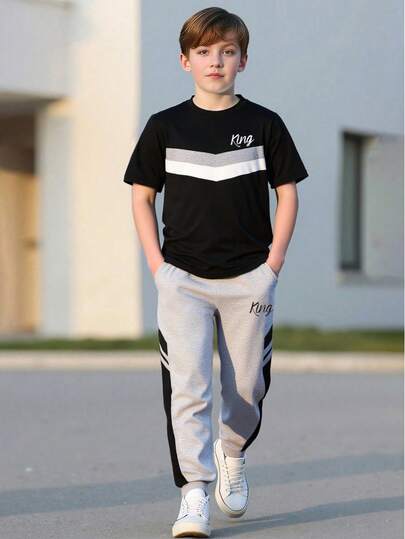 2pcs/Set Boys' Colorblock Letter Print Short Sleeve Tee And Striped Jogger Pants, Casual Sports Outfit For Spring/Summer