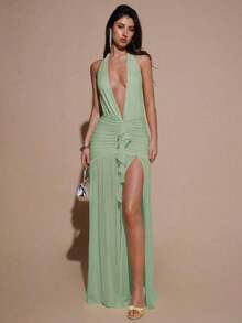 Valentine Outfits For WomenBAE Sexy Minimalist Solid Yellow Cream Deep V-Neck Halter Bodycon Ruched Fitted Women's Maxi Mesh Dress, Suitable For Party, Cocktail, Formal Occasions, Bridesmaid, Birthday, Business Casual, Elegant Women Maxi Dress,Valentine's Day,Valentine Fits For WomenLoose And Comfortablevalentine's Day - 薄荷綠 - 查看 1