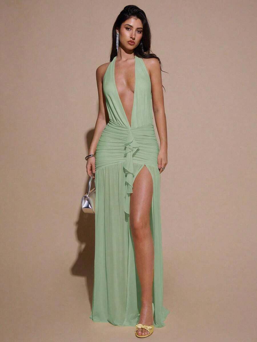 Valentine Outfits For WomenBAE Sexy Minimalist Solid Yellow Cream Deep V-Neck Halter Bodycon Ruched Fitted Women's Maxi Mesh Dress, Suitable For Party, Cocktail, Formal Occasions, Bridesmaid, Birthday, Business Casual, Elegant Women Maxi Dress,Valentine's Day,Valentine Fits For WomenLoose And Comfortablevalentine's Day - 薄荷綠 - 查看 1