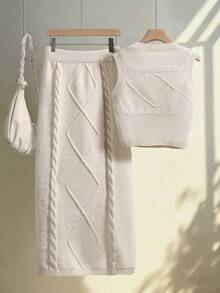 女士优雅针织无袖背心上衣和半裙两件套，休闲通勤、办公室日常穿着、度假约会、海滩休闲，春夏皆宜。 - 杏色 - 查看 4