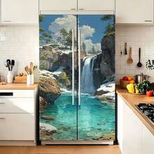 Waterfall Scenery Double Door Refrigerator Sticker, Self-Adhesive, Removable, 2D Flat Refrigerator Decoration, Removable Sticker, Kitchen Sticker, Home Decor Sticker, Creative Homeowner's Wardrobe Decoration, Suitable For Refrigerator Cabinets, Kitchen Wardrobes, Bedroom Wall Cabinets, Easy To Install And Remove (Just A Sticker) - Style 1 - View 2