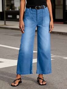 Women's Capri Pants Wide Leg Jeans High Waisted Stretchy Loose Cropped Denim Pants  Large Size Slimming Women's Jeans With High Elasticity And Casual Straight Leg Wide Leg Pants - 藍色 - 查看 9