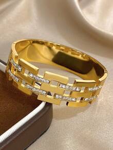 1Pc Sparkling Gold Mesh Design Bracelet, Embellished With Dazzling Cubic Zirconia – Geometric Jewelry, Suitable For Everyday Wear And Holidays,Unisex, Valentine's Day Gift - Multicolor - View 3