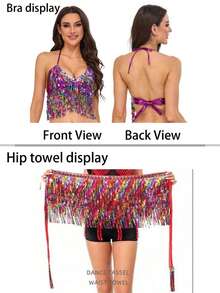 Conjunto de top con bralette con flecos de lentejuelas de colores y cadena para la cintura - Danza del vientre, actuación en el escenario y fiesta en discoteca - Multicolor - Ver 3