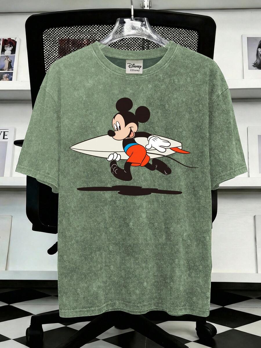 Disney Áo thun nam tay ngắn cổ tròn kiểu vintage, in hình chuột Mickey đang lướt sóng, thích hợp mặc mùa hè. - màu xanh lá - Xem 1
