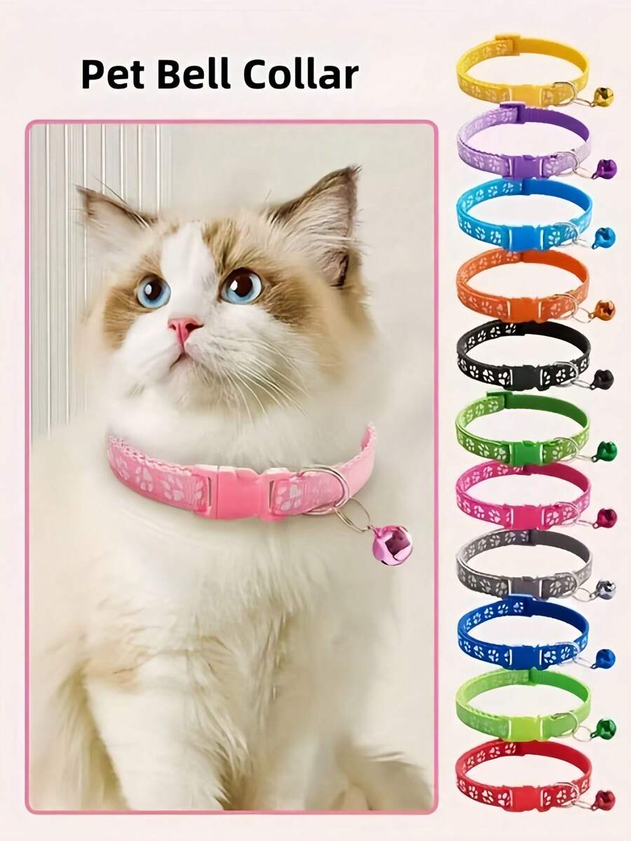 1pc Adjustable And Detachable Pet Collar With A Bell To Prevent Neck Strain. Cute Puppy Collar, Single Paw Print Pattern, Cute Kitten Collar, Pet Leash, Reflective Sticker Pet Supply Collar Set