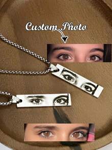 Custom Engraved Photo Bar Necklace, Personalized Eye Portrait Image Pendant, 18K Gold Plated Stainless Steel Square Chain, Emotional Jewelry Gift - Silver Sculpted Eyes - View 4