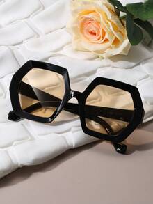 复古几何镜框大框时尚眼镜，适合大脸，时尚塑料休闲装饰日常佩戴，女士时尚眼镜 - 黑色 - 查看 4