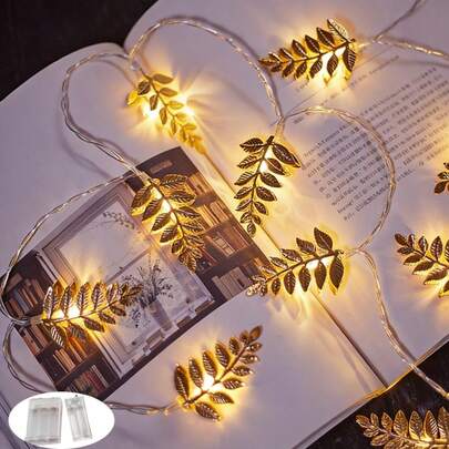 1个LED金色橄榄叶装饰串灯，室内铁艺金色叶子灯，适用于客厅、阳台、露营、庭院、卧室、情人节、斋月装饰（电池供电 - 不含电池）