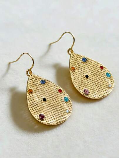 2只独特设计彩色水晶水滴女士耳环，镀金网格，轻盈奢华风格日常佩戴耳环