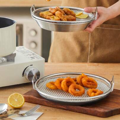 Stainless Steel Kitchen Cooking Set: Strainer + Round Tray, Kitchen Oil Drainer (20/22cm)