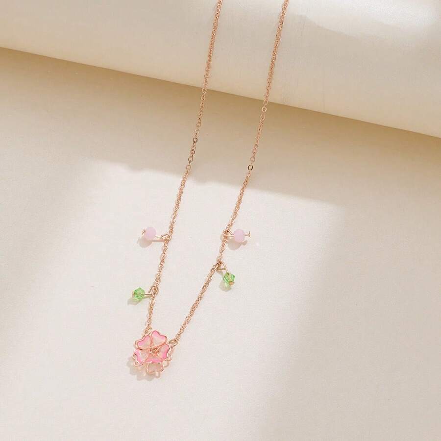 一对精致粉色樱花吊坠项链，简约奢华女士项链，颈链款式 - 均碼 - 查看 1