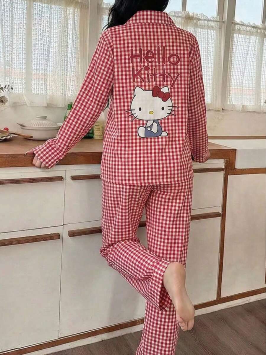 2pcs Sanrio Hello Kitty Pajama Set, Long Sleeve Plaid Print Shirt Top + Pants, Cute Large Print - Red - View 1