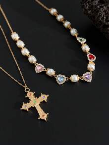 2件套嘻哈风3D镶嵌爱心水钻十字架吊坠仿珍珠几何细链项链套装，摇滚朋克时尚日常休闲街头风情侣魅力百搭时尚男士项链礼物 - 項鍊 - 查看 8