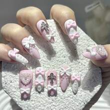 10pcs Y2K Baddie Bow Pearl Cute Pink & White Handmade Press-On Nails With Heart Cross Kawaii Art False Nails Manicure Supplies (1pc Jelly Sticker + 1pc Nail File) - Pink - View 5