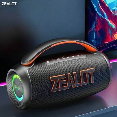  ZEALOT P12 60W 大功率无线音箱，便携式户外低音炮，IPX5 防水，双扬声器，RGB 灯光，支持 SD 卡/USB/AUX 输入，双扬声器菊花链连接，免提通话，兼容智能手机/平板电脑/电视/电脑，适用于户外派对、家庭聚会、海滩派对等场合。