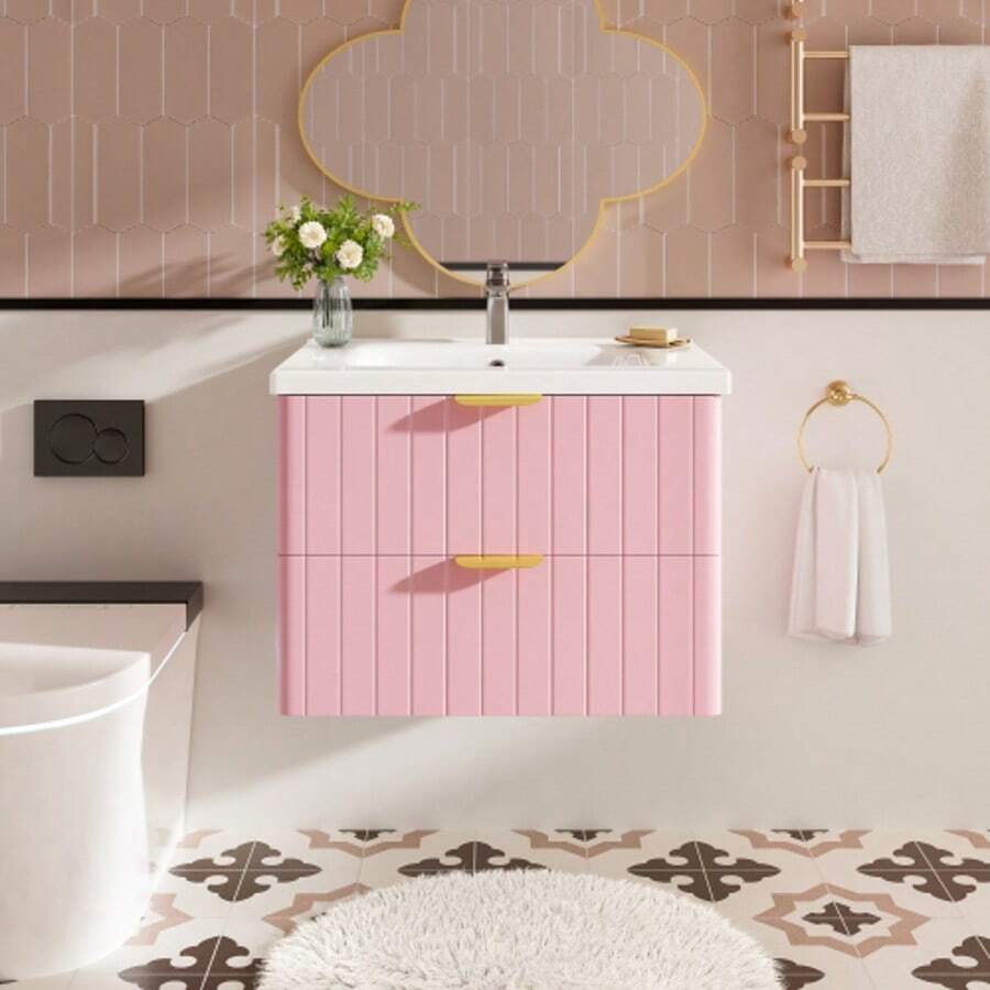 Wall-Hung Vanity Unit With One Basin And Double Storage, Made Of Water-Resistant MDF, Stain-Resistant Ceramic Basin, Melamine Surface Without Lacquer, Space-Saving, Pink - Pink + White - View 1