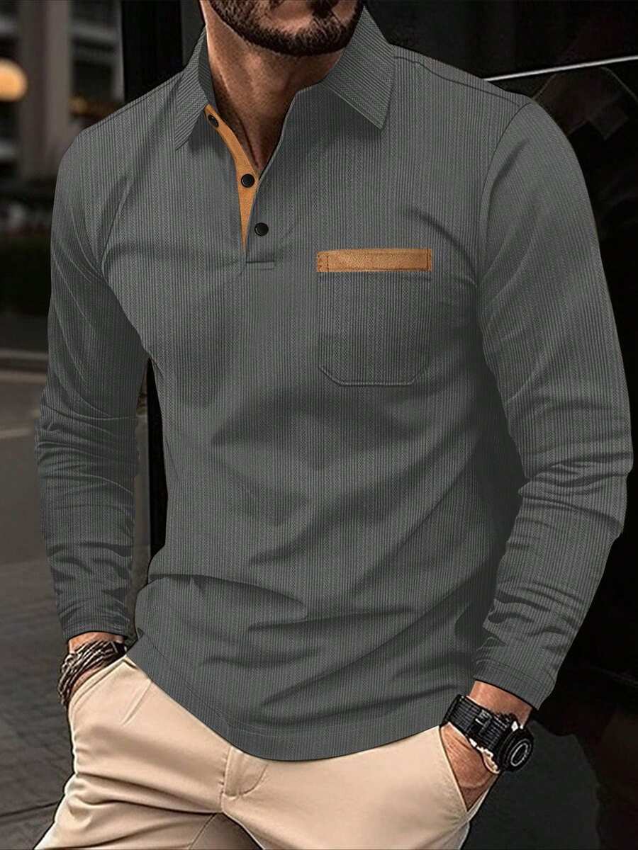 Hombre polo manga larga cuello solapa negocios casual hisonic comercio exterior transpirable absorbente gentleman - Gris - Ver 1