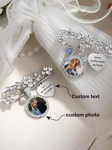 Personalized Wedding Bouquet Photo Memorial Pin - Engraved Heart-Shaped Text + Photo Brooch, Bride's Crystal Commemorative Accessory, Customized Wedding Memory Pin, Bride's Gift Commemorative Gift, Personalized Gift - Corsage - View 1