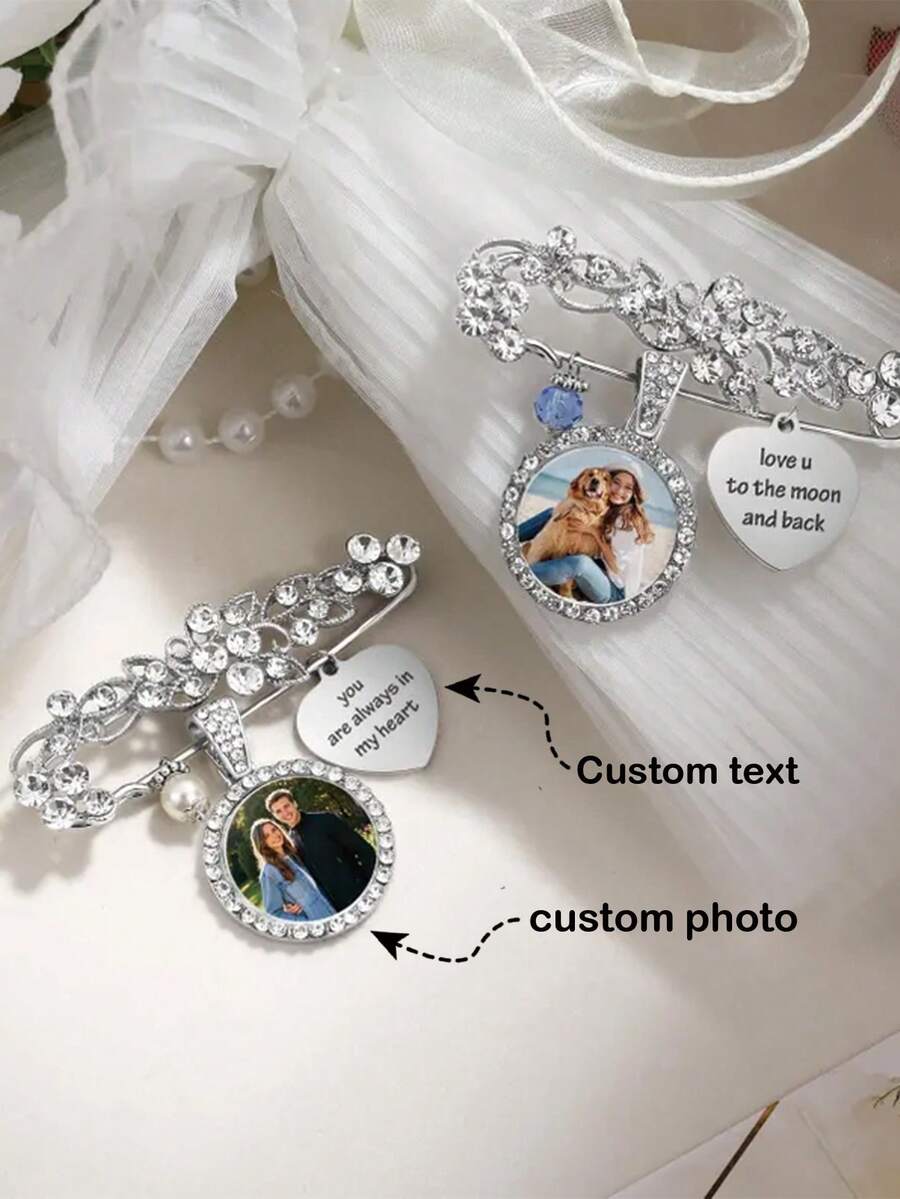 Personalized Wedding Bouquet Photo Memorial Pin - Engraved Heart-Shaped Text + Photo Brooch, Bride's Crystal Commemorative Accessory, Customized Wedding Memory Pin, Bride's Gift Commemorative Gift, Personalized Gift - Corsage - View 1