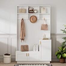 Storage Unit With Sofa And Shoe Rack With 3 Hooks And Multi-Functional Compartments, Hallway Cabinet, White, Dimensions: H200 / W120 / D40 Cm - White - View 11