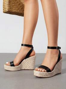 Women's Espadrille Wooden Heeled Wedge 4.17-Inch Platform Sandals Open Toe Adjustable Buckle Ankle Strap Comfortable Fashion Dressy Summer Shoes - 黑色 - 查看 2