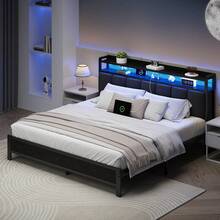 Upholstered Bed Frame With Charging Station, LED Bed Frame With Storage Headboard, Metal Platform Bed Frame With Heavy Duty Metal Slats, No Box Spring Needed, Easy Assembly, Black/ White/ Beige, Twin/ Full/ Queen/ King - 黑色 - 查看 11